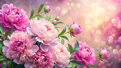 Fototapeta premium Tender peonies on pink background with copy space. Abstract natural floral frame layout with text space. Romantic feminine composition. Wedding invitation. International Women day, Mother Day concept