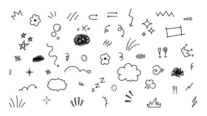 Set of cute pen line doodle element vector. Hand drawn doodle style collection of heart, arrows, scribble, speech bubble, star, marks. Design for print, cartoon, card, decoration, sticker.