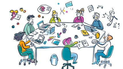 Business meeting, doodle style, discussion