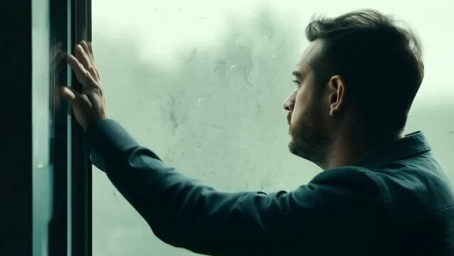 worried man standing up, looking outside his window