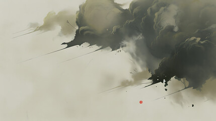 Abstract black, white, and red watercolor clouds evoke a sense of mystery and anticipation. 

