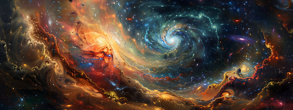 A swirling galaxy with vibrant blue, orange, and gold hues evokes a sense of wonder and cosmic mystery. 
