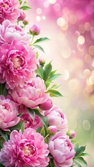 Fototapeta premium Tender peonies on pink background with copy space. Abstract natural floral frame layout with text space. Romantic feminine composition. Wedding invitation. International Women day, Mother Day concept