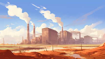 Industrial factory with blue sky, white clouds, and red earth, depicting a sense of industrial landscape and environmental impact. 
