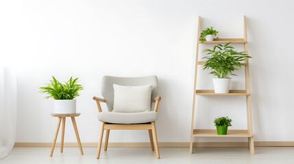 Minimalist living room with white, green and brown tones, featuring a comfortable armchair and a wooden ladder shelf with potted plants, perfect for creating a relaxing and stylish atmosphere. 
