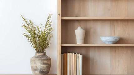 Minimalist home decor with wooden shelves, green plants, and a white vase, showcasing a simple and peaceful atmosphere. 