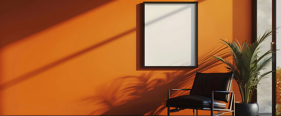 Orange wall, black chair, green plant, minimalist design, a modern interior with a blank canvas for your design. 