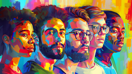 Five diverse faces in vibrant yellow, blue and red colors,  a bold and colorful illustration for diversity, inclusion and community. 
