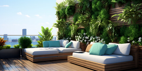 Relaxing urban oasis with green wall, wooden furniture, and blue cushions, offering a tranquil escape from the city. 

