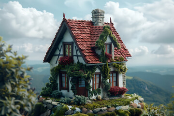 Obraz premium A fairytale cottage with red roof, green vines and white walls, set against a mountain backdrop, evokes a sense of peace and tranquility, perfect for a cozy escape. 