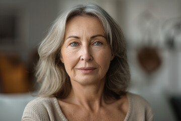 Fototapeta premium Indoor head shot portrait of serious positive old mature woman in casual looking at camera, posing at home, promoting retirement, elderly healthcare. Senior grandmother woman video call screen