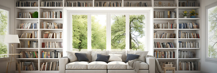 White bookshelf, couch, green trees,  relaxing, cozy, home interior, spring day. 

