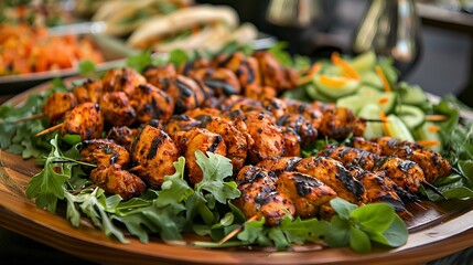 The chicken tikka buffet is set up with greens on a wooden platter