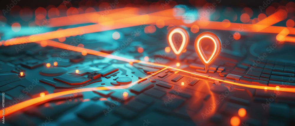 Poster abstract digital city map with glowing navigation pins, representing gps or location tracking techno