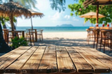 Wood table top with summer beach bar background for product display.