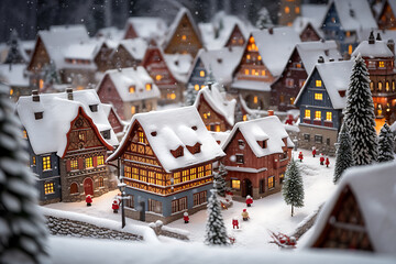 Naklejka premium Snowy Christmas village, blue, red, white, miniature, festive, winter wonderland, holiday magic. 