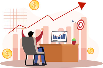 businessman investor happy cause the stock market he bought went up vector illustration, business and economy concept