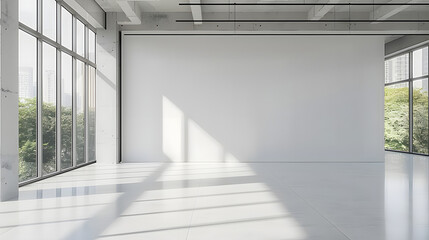 Obraz premium Spacious modern office with blank white wall and large windows for natural light - Ideal for business mockups, 3d rendered interior design