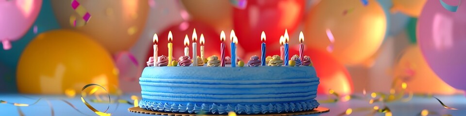 3D blue birthday cake with candles and balloons on a colorful background, minimal concept studio photography.