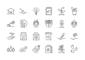 Set of thin line vector icons related to Ecology and Environment. Nature, Plants, Greening and Renewable Energy linear icons. Eco-friendly icons and outline vector sign collection. editable strokes.