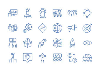 A collection of icons related to creative business solutions. Innovation team management. Editable stroke. business and finance icon set. vector illustration.