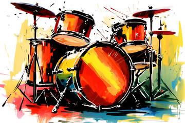 Vibrant red, yellow and blue drum set, a musical abstract painting, evokes energy and excitement for a concert or music festival. 