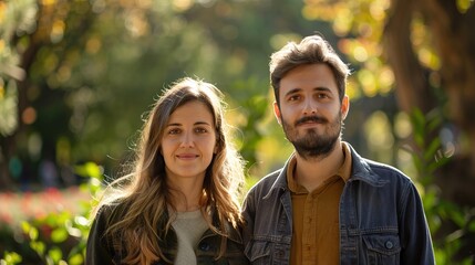 Fototapeta premium A man and a woman standing side by side in a park with copy space on a blurry background 