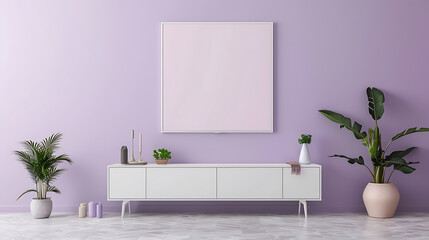 Minimalist living room with white furniture, pastel pink and purple colors, and a blank canvas for your design.  
