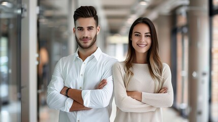  Man and woman standing with crossed arms with copy space on a blurred office hallway background 