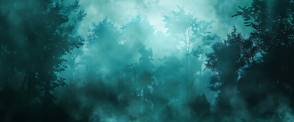 Obraz premium Mysterious, misty forest, with teal, green, and black hues, evokes a sense of wonder and intrigue, perfect for fantasy or fairytale themes. 