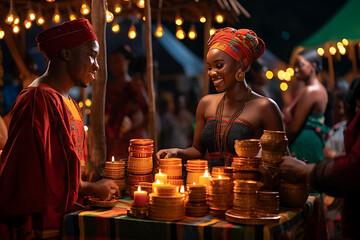 Couple at market stall, exchanging goods under warm lights. 