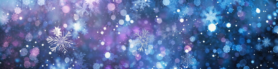 minimalistic background with a festive sparkling appearance, a winter scene, white snowflakes, blue and purple lights, special event greeting card, invitation, New Year and Merry Christmas design