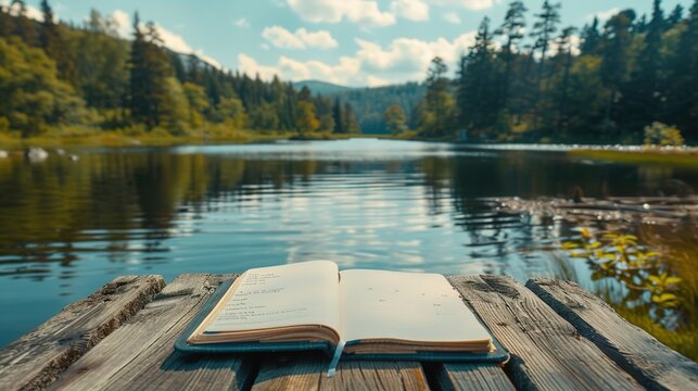 Serene Lakeside Inspiration - Blank Journal on Weathered Wooden Dock Ready for Personalization and Reflection