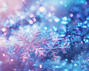 minimalistic background with a festive sparkling appearance, a winter scene, white snowflakes, blue and purple lights, special event greeting card, invitation, New Year and Merry Christmas design