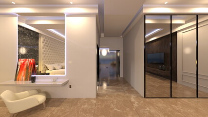 大きな窓があるリビングルーム　3DCGレンダリング