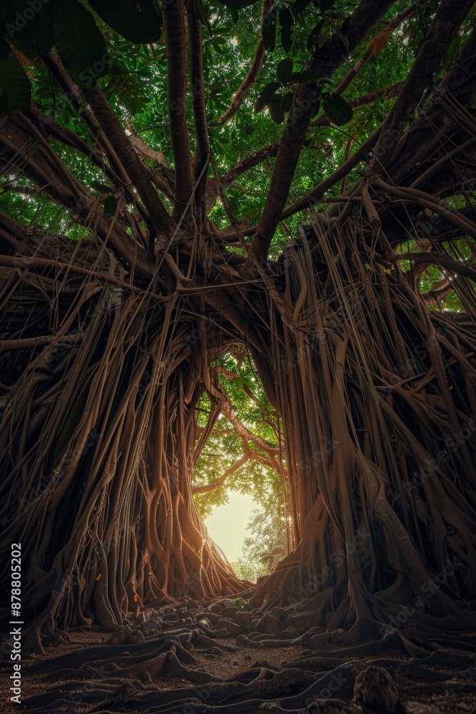 Poster a large tree with a tunnel carved into its trunk