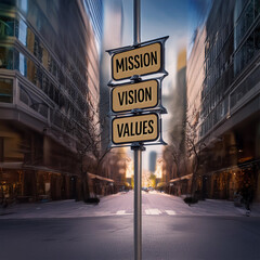 Obraz premium MISSION, VISION, VALUES signpost in the city