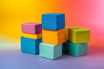 A set of colorful yoga blocks stacked with a gradient background
