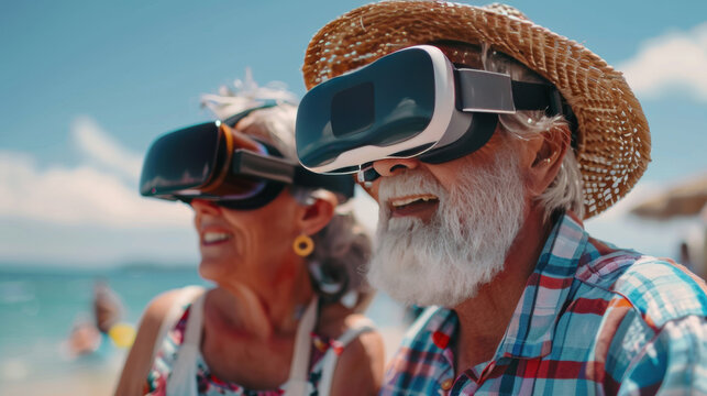 Senior couple wearing virtual reality glasses enjoying metaverse on the beach