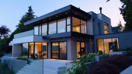 Fototapeta premium Modern home exterior with large windows at dusk