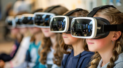 Group of school children using virtual reality glasses in a museum or at school, technology in learning
