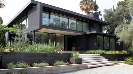 Fototapeta premium Modern black home with steps and landscaping in sunny daytime