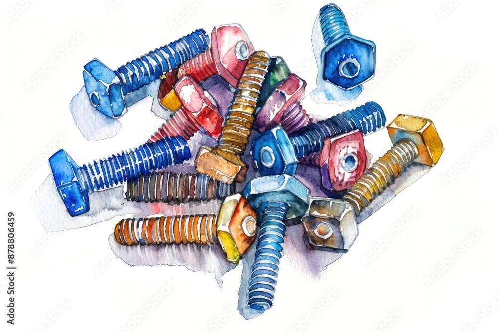 Poster a collection of screws and nuts on a surface, great for illustrating technical or diy concepts
