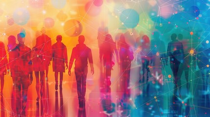 Digital Connection: Abstract Representation of Interconnected People on Colorful Tech Background