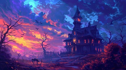 Fototapeta premium Haunted house silhouette against twilight sky