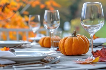 Autumn table setting with pumpkins. Thanksgiving dinner and autumn decoration.
