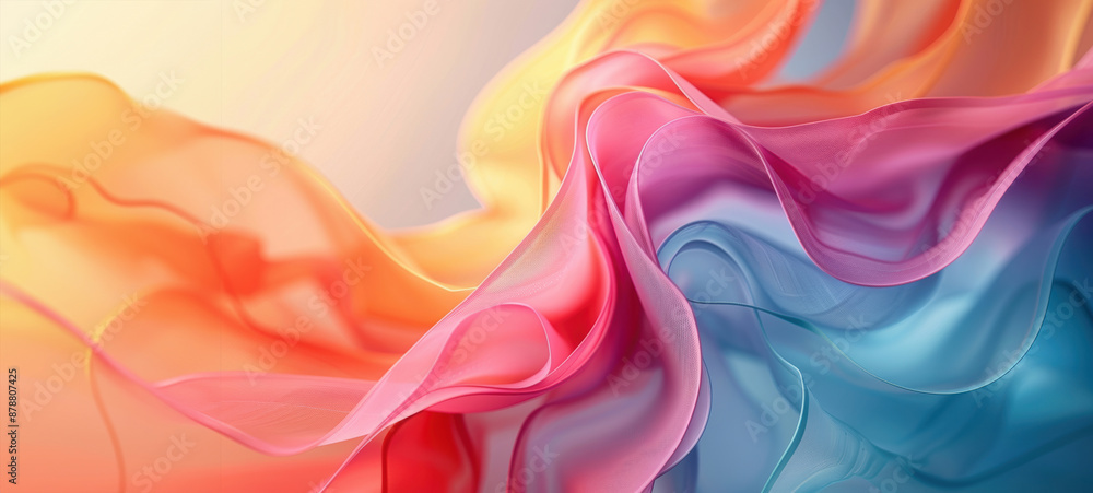 Poster colorful transparent fabric flowing on gradient background, creating a vibrant and dynamic abstract 