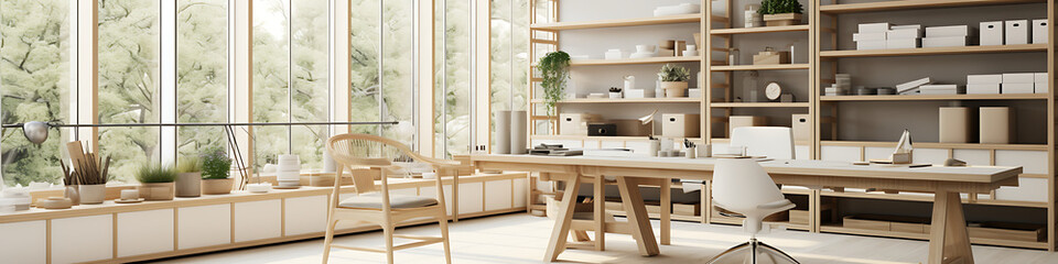 Minimalist wooden home office with white and green accents,  evoking a sense of calm and productivity. 

