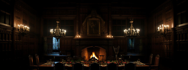 Obraz premium A dark, romantic, and mysterious dining room with gold, red, and brown tones for a holiday dinner party. 