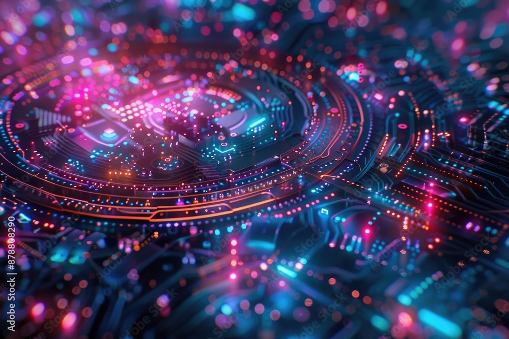 Poster close-up of a circuit board with multiple colorful leds lit up, suitable for use in technology or in